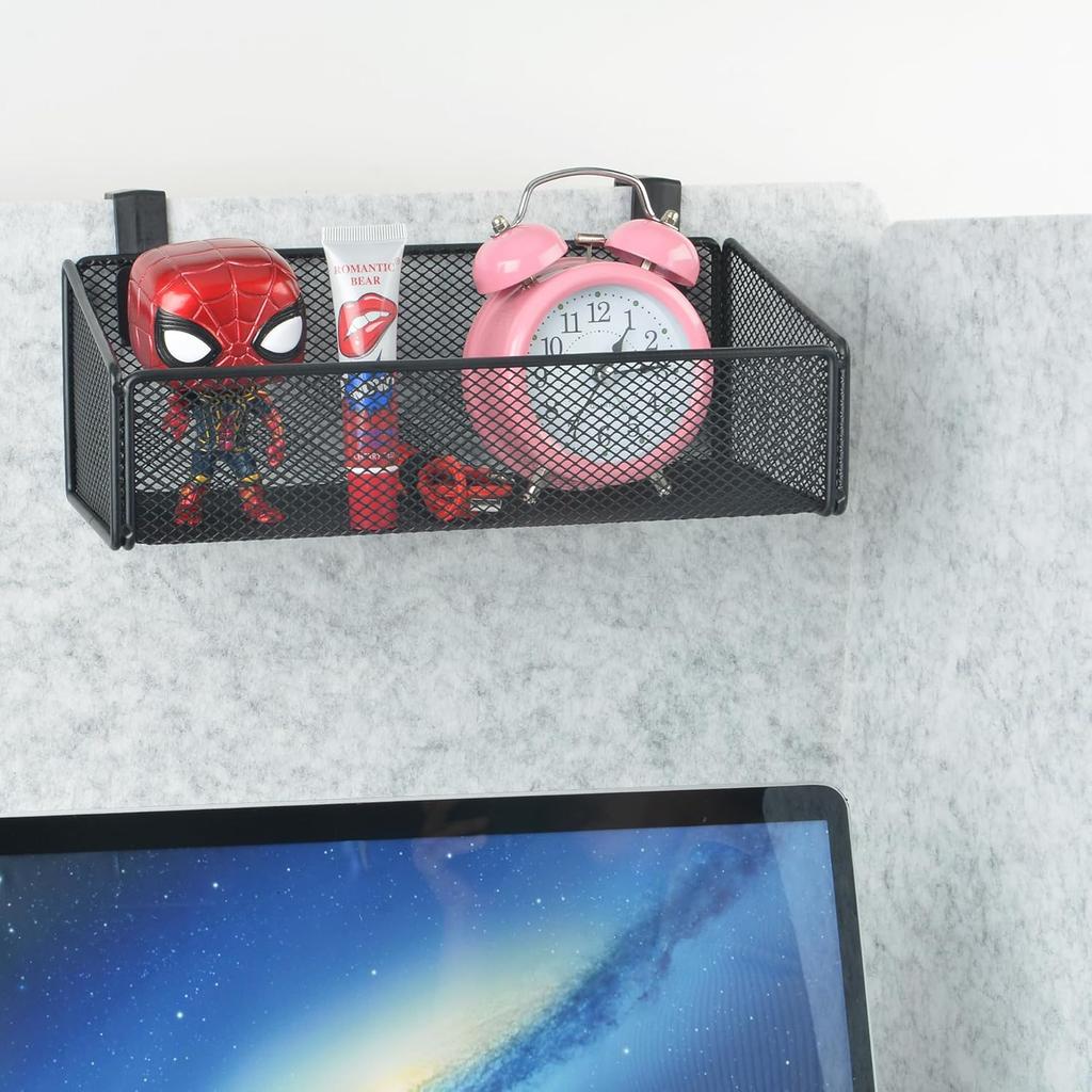 Hanging Floating Shelves - Metal Mesh Cubicle Storage Organizer with 5 Plastic Hangers (Black)