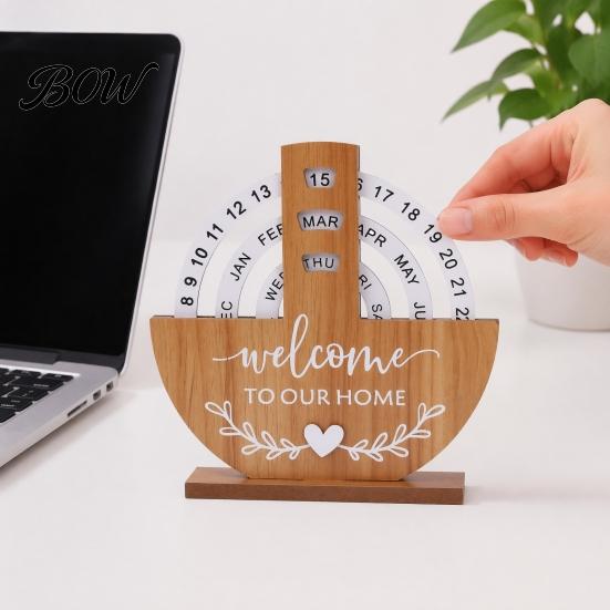 Natural Wood Perpetual Calendar Wooden Calendar, Manual Rotating Desk for Home Office Creative Gift Decor, Date Month Week Display Desktop Ornament