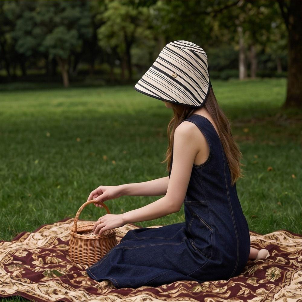 Wide Brim Women Striped Fisherman Hat Solid Color Bucket Hat Casual Sunscreen Visor Cap Camping