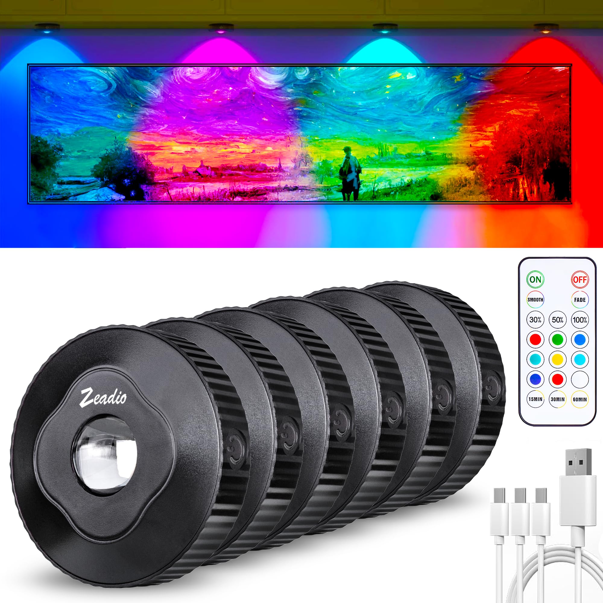 

Zeadio Remote Controlled LED Puck Cabinet Lights, Rechargeable Range Hood Lights, Dimmable Push Button Lights for Living Rooms, Bedrooms, Storage