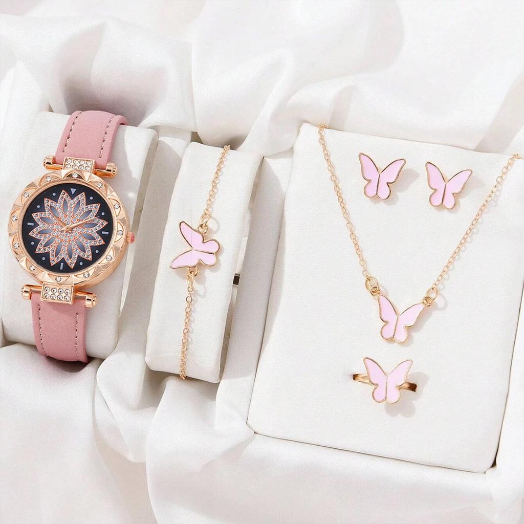 Fashionable Simple Diamond Flower Round Dial Leather Strap Women's Quartz Watch Set of 6 for Christmas and Thanksgiving Gifts