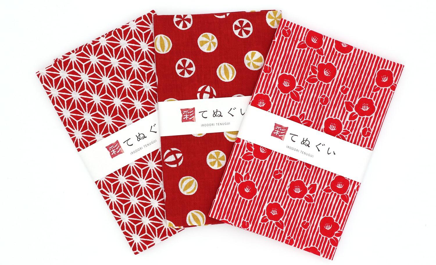 

KOMESICHI Irodori Komon Tenugui Pattern Hand Red 33 x 88m (Small Towels) Set, Fray-Resistant, 3-Piece Set,