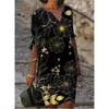 QICED Abiti Estivi Stampati Larghi in Fibra di Bambù Lino Floreale Manica Corta Donna Vintage Letterario Scollo O Manica a Cinque Punti