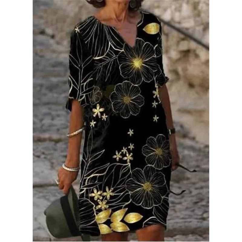 QICED Abiti Estivi Stampati Larghi in Fibra di Bambù Lino Floreale Manica Corta Donna Vintage Letterario Scollo O Manica a Cinque Punti