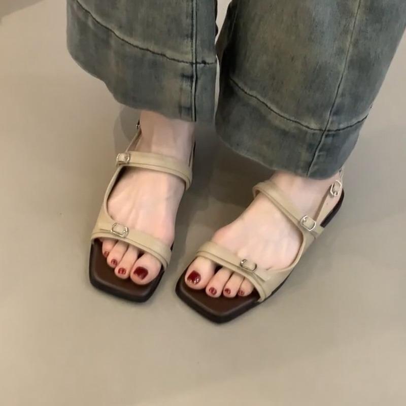 

New Flat Roman Sandals Women s Summer Wear Square Toe Shallow Mouth Metal Buckle Simple One-band Soft-soled Beach Shoes 40 хаки