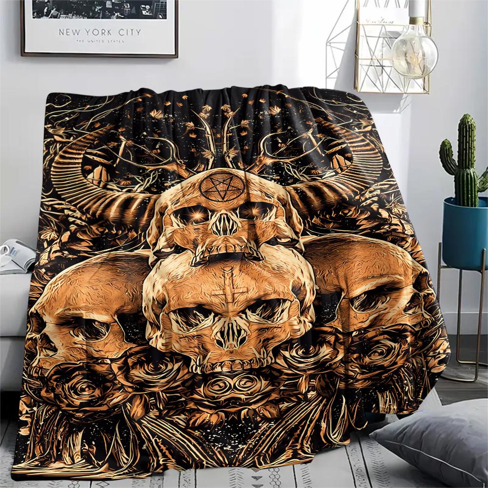 1Pc Skull Satan Print Flannel Blanket, High Quality Comfortable for All Seasons, Home Decor, Warmth and Comfort, Perfect for Christmas Gifts