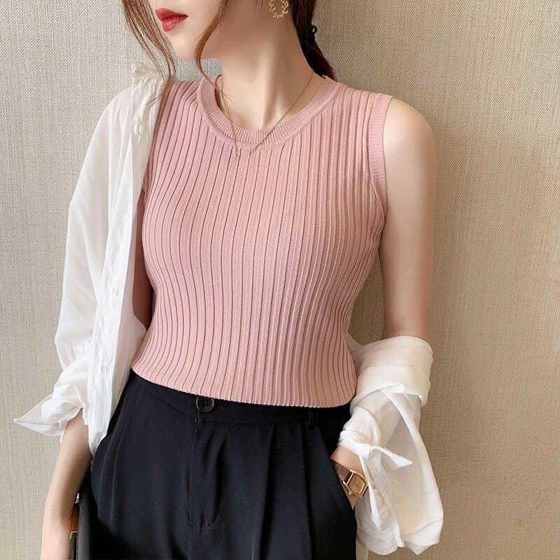 Women's Solid Color Ice Silk Knit Cami Top Summer Short Sleeveless Vest Slim Fit Sexy Tank Tops