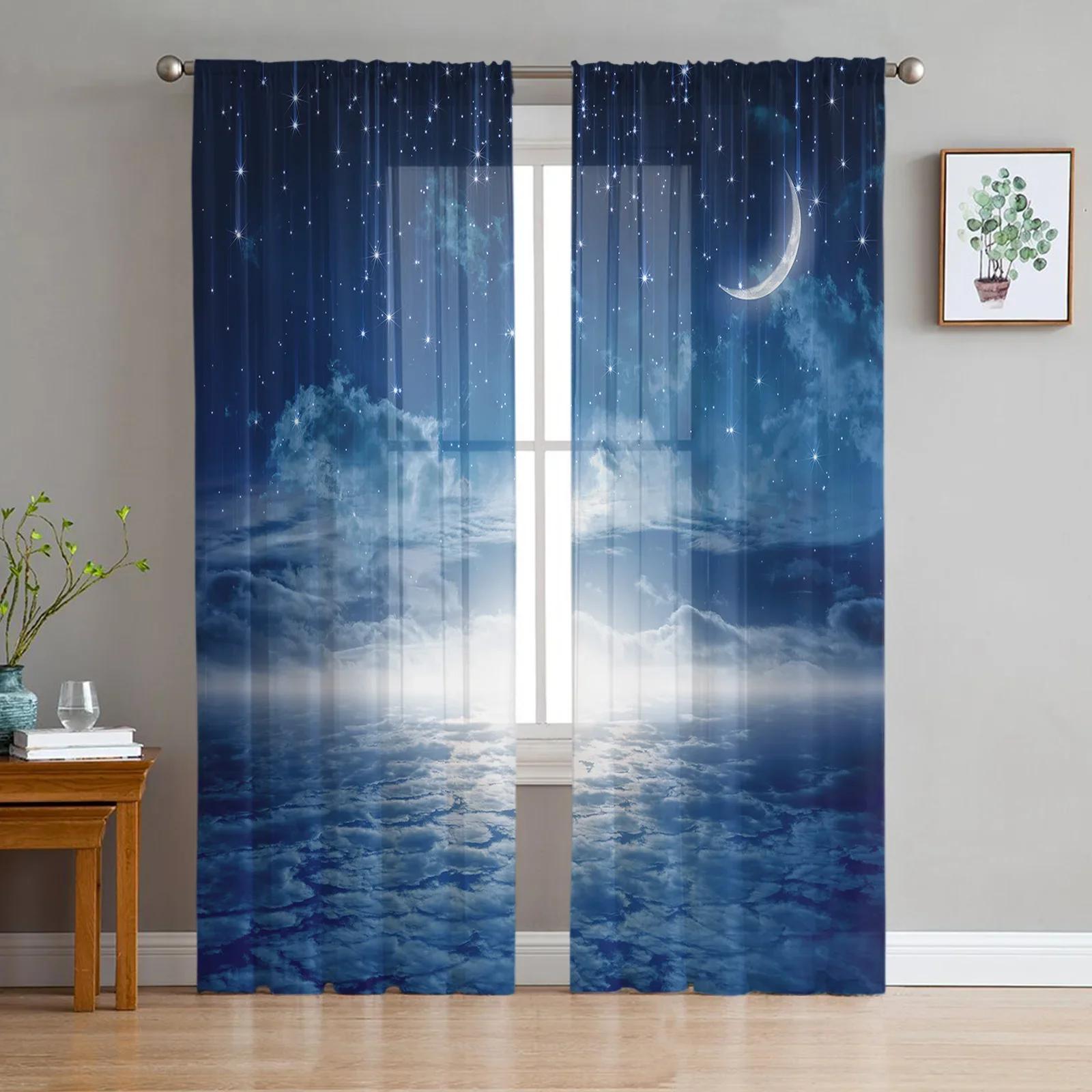 

Blue Sky White Clouds Grassland Tulle Window Curtains Living Room Silk-like Fabric Sheer Sheer Fabric Curtain Bedroom Kitchen Home Decor Drape W135 x H115cm x1&Grommet Top
