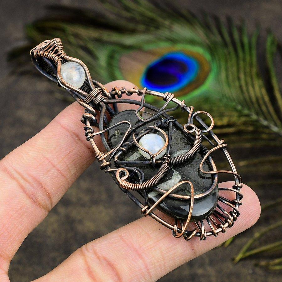 Septarian Stone, Moonstone Gemstone Copper Wire Wrap Jewelry Pendant 3.35"