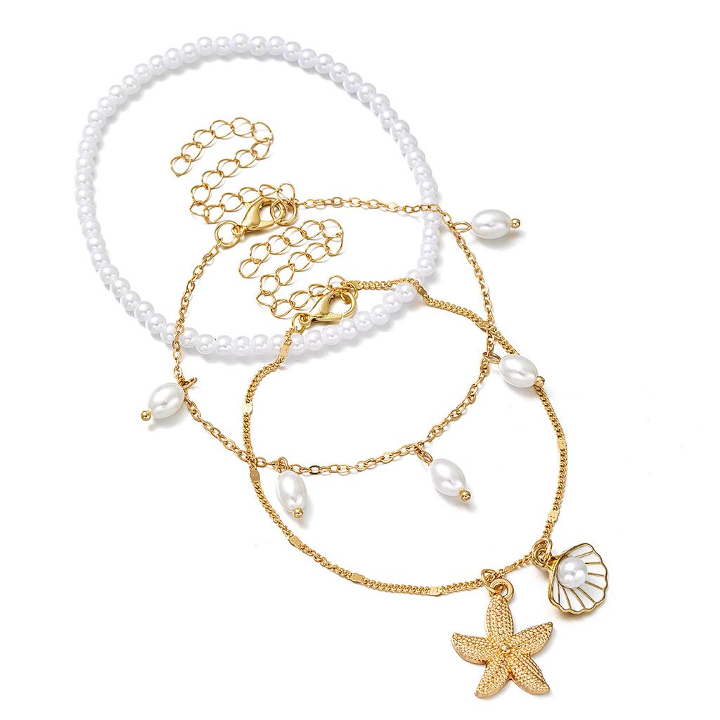 Women's Three-Layer Stacked Starfish Shell Pearl Anklet, Niche Design Ankle Chain with Seaside Vacation Style