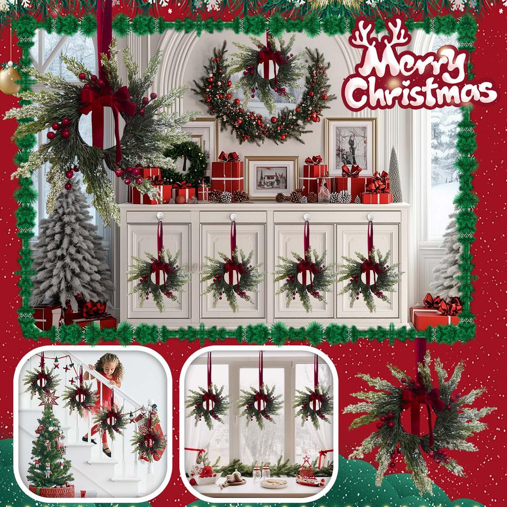 Christmas Kitchen Cabinet Wreaths With Plaid Bow Ribbon Hanging Cabinet Doors Wreaths Decorative For Kitchen Window Outdoor Indoor Holiday Decor