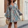 Plus Size Women's Fashion Print V Neck Long Sleeve Flared Sleeve Dress