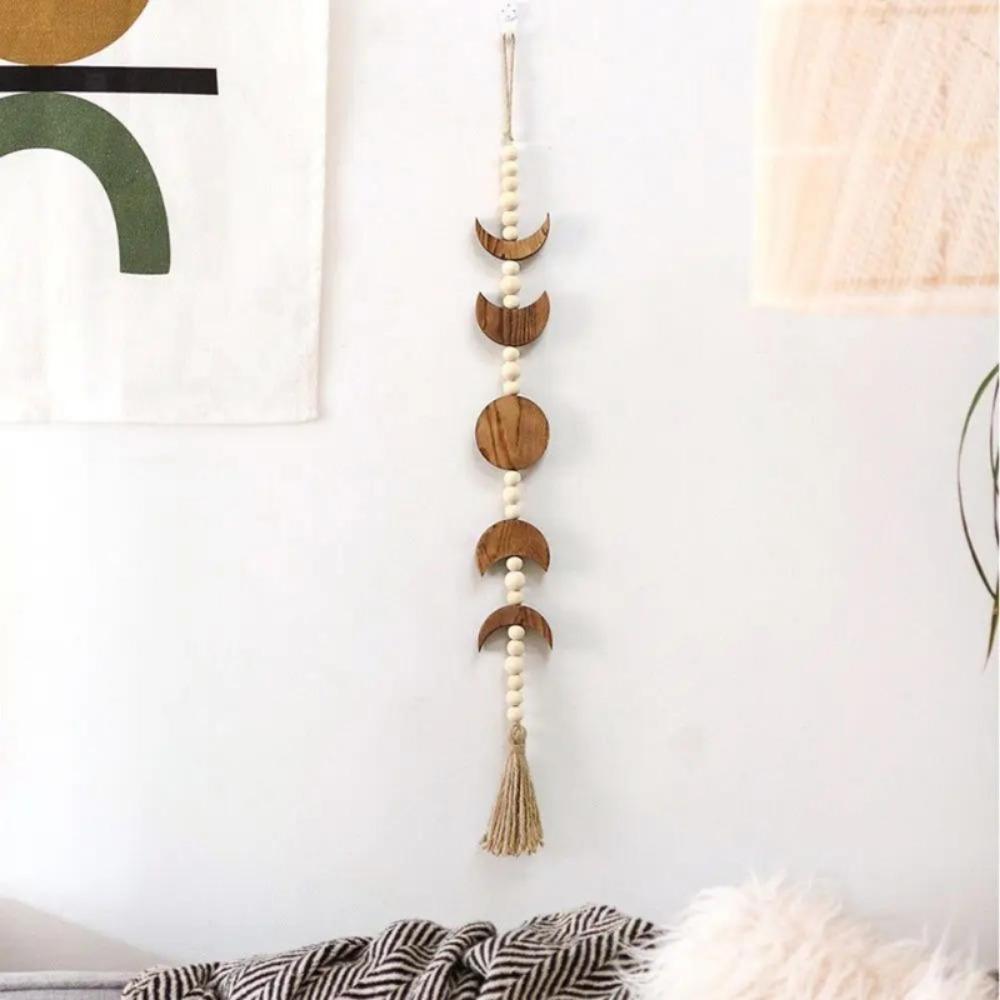 1PC Wood Star Moon Phase Wall Hanging Garland Boho Beaded Moon Garland with Tassel Home Wall Decor