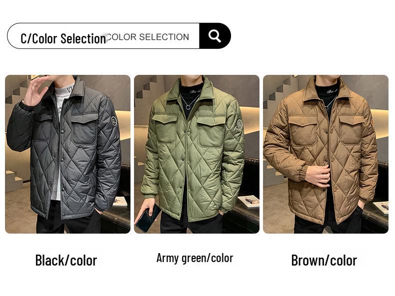 2024 Winter Men's Plus Size Quilted Jacket: Loose Fit, Solid Color, Two-Way Zipper, Warm Cotton