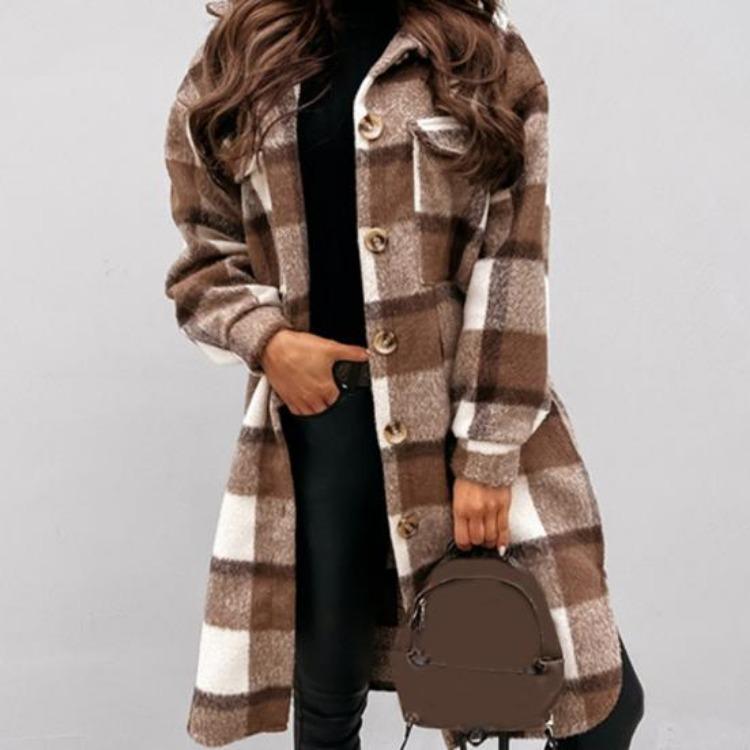 Women Woolen Coat Autumn Winter Plaid Print Turn Down Collar Long Sleeve Flap Pockets Outerwear