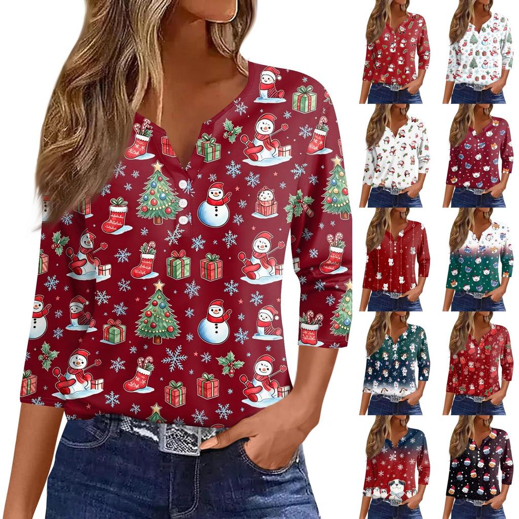 Women's Casual Christmas Print V-Neck 3/4 Sleeve Button T-Shirt