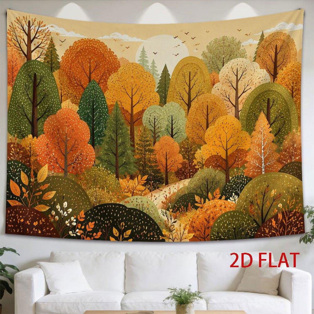 2D Flat, 1pc Horizontal Wall Tapestry Suitable for - Autumn Forest with Layered Foliage & Birds, Warm Hues Sunlit Hills Landscape, Flat Horizontal Pri
