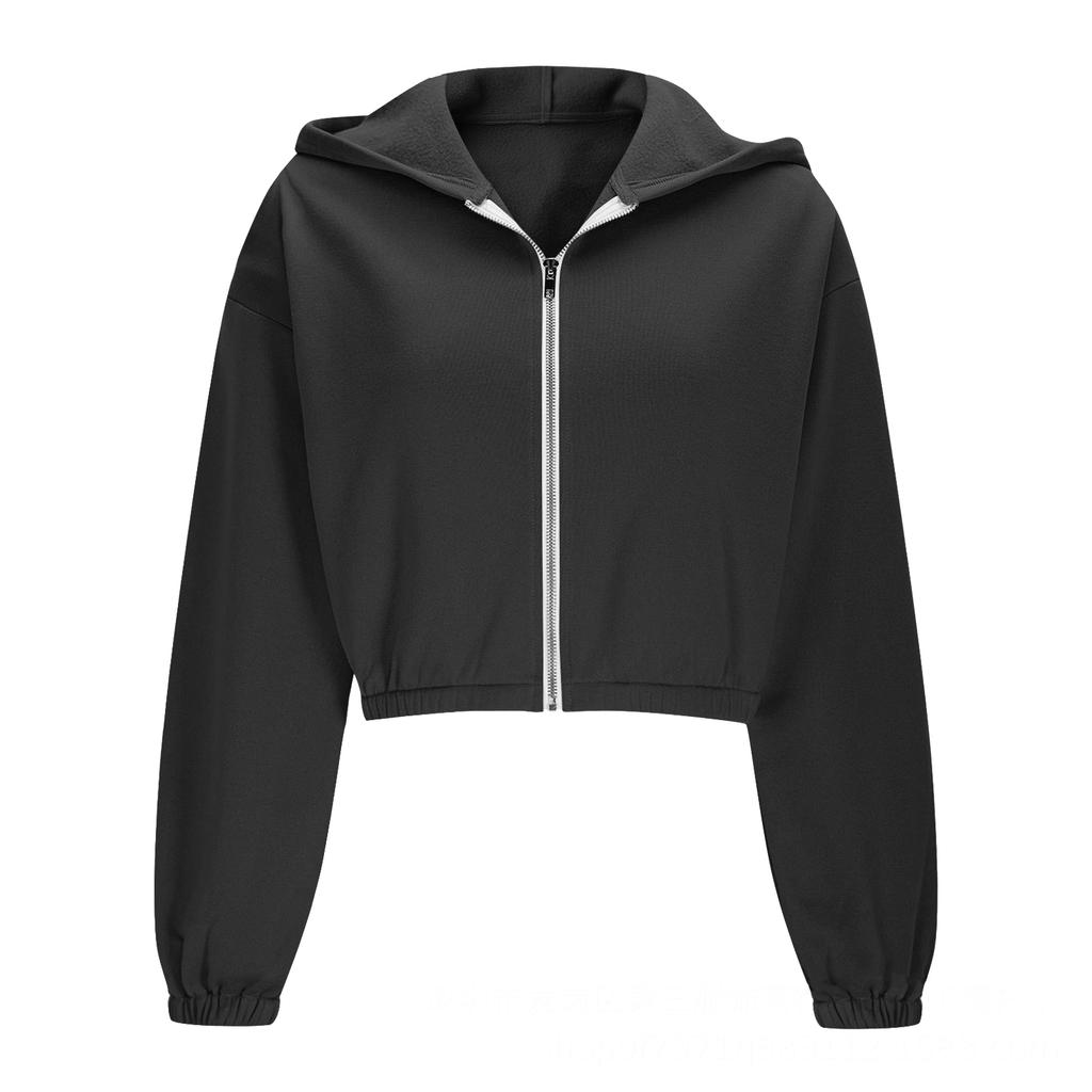 Women's Fashion Solid-Color Hooded Jacket Short-Length Zipper Sweatshirt Outerwear