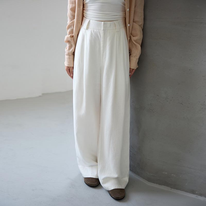 Women's Autumn Wide-Leg Commuting Pants - Tencel Linen, Pleated, Slimming, Versatile, High-End Drape