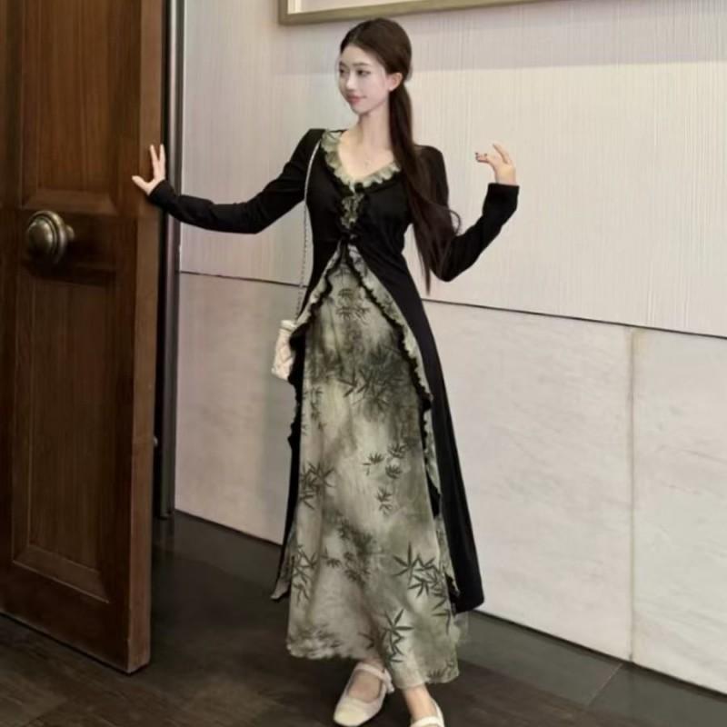 New Chinese Style V-Neck Slim Dress Women Early Plus Size Elegant Long