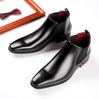 British Style Chelsea Boots Men Genuine Leather Business Shoes Square Toe Elastic Ankle Boots Fleece Lined