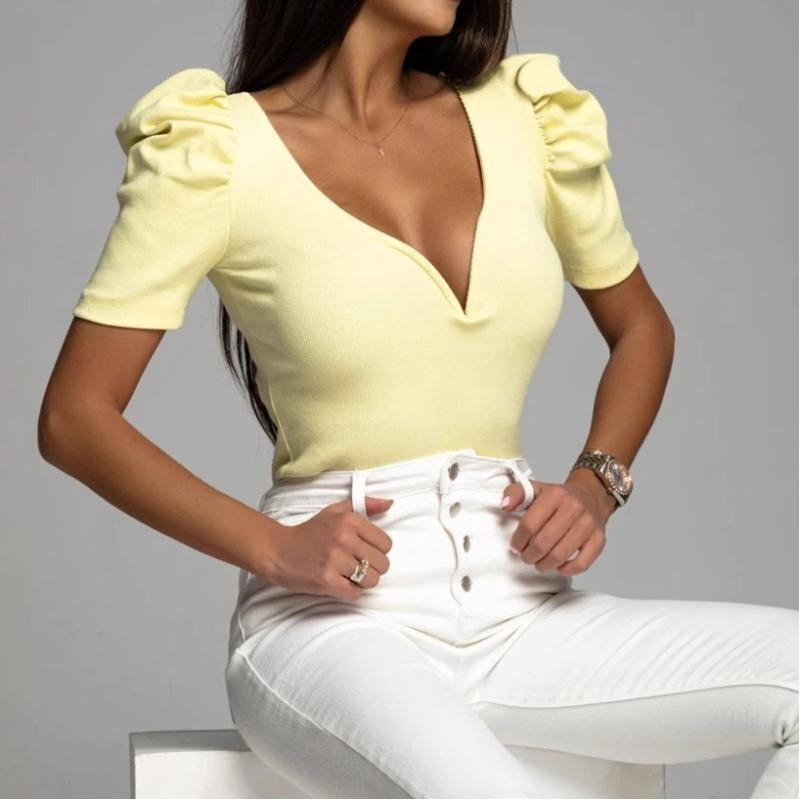 Verano Nuevo Mujer Manga Abullonada Manga Corta Color Sólido Simple Versátil Delgado Cuello en V Camiseta Top