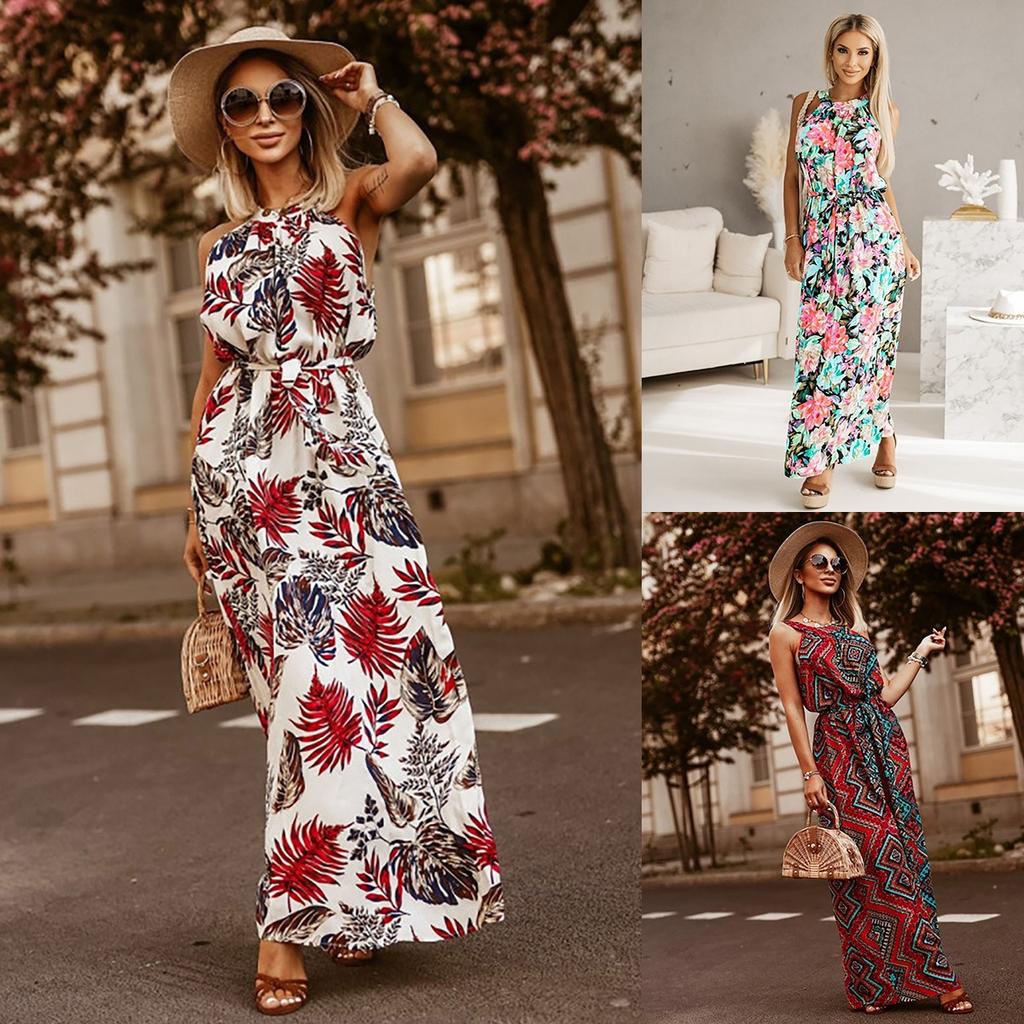 Women's Fashion Floral Print Halter Neck Beach Vacation Dress, European American Style Cross-border Women's Clothing