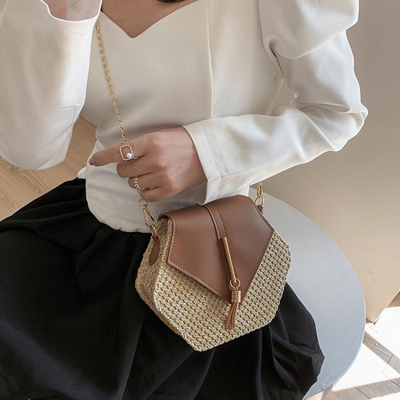 Small Straw Women Bag Ladies Chain Shoulder Bags Handmade Beach Crossbody Bags Kniting Purse