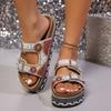 Fashion Rhinestone Platform Cool Mopping Women's Fashion Round Toe Open Toe Metal Buckle Anti-slip Wear-resistant Flats