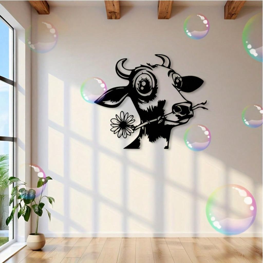1PC 2D Flat Floral Cow Metal Wall Art Black Silhouette Plaque Farmhouse Decor for Living Room Bedroom Kitchen