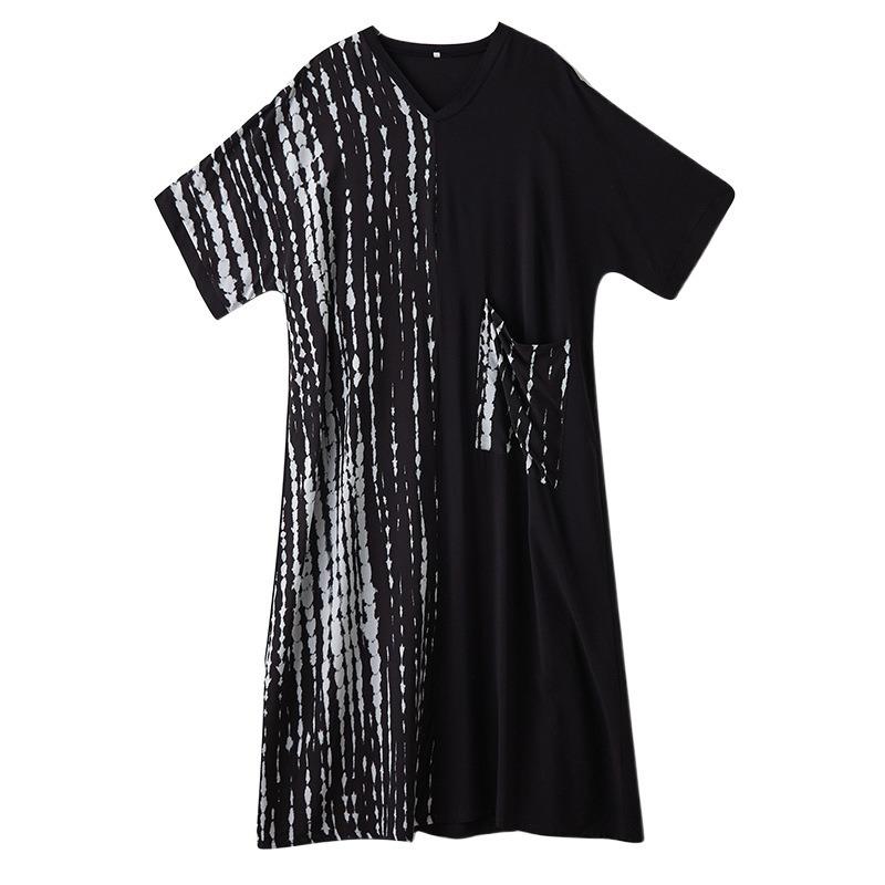 Summer new cotton and linen literary and retro contrasting colors loose V-neck foreign trade dress women's clothing