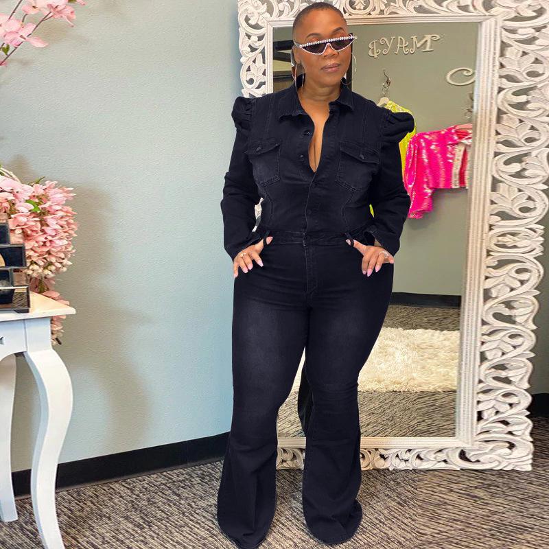 Damen Übergröße Slim Fit Denim Waschung Casual Jumpsuit