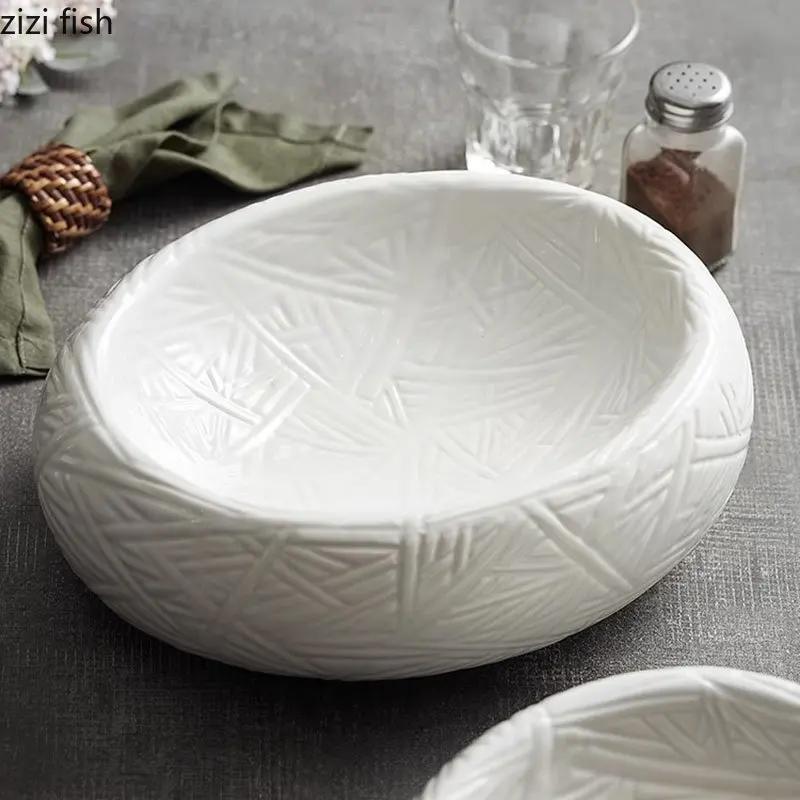 Ceramic Dinner Plate Restaurant Oval Relief Texture Thick Soup Plate Dessert Plate Pasta Plates Insulation Plates Home Tableware