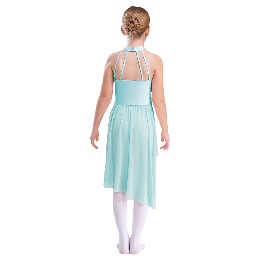 Dívčí lesklé lyrické taneční šaty bez rukávů s nepravidelným lemem, třpytivými kamínky a jemnou aplikací, baletní kostým