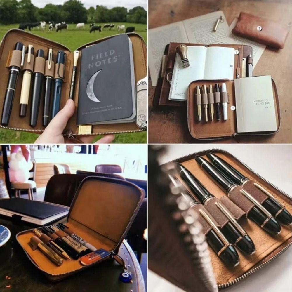 Leather 5-Slot Pen Bag Creative Diary Stationery 2025 Zipper Wrap for Hobonichi/ Stalogy/ Midori