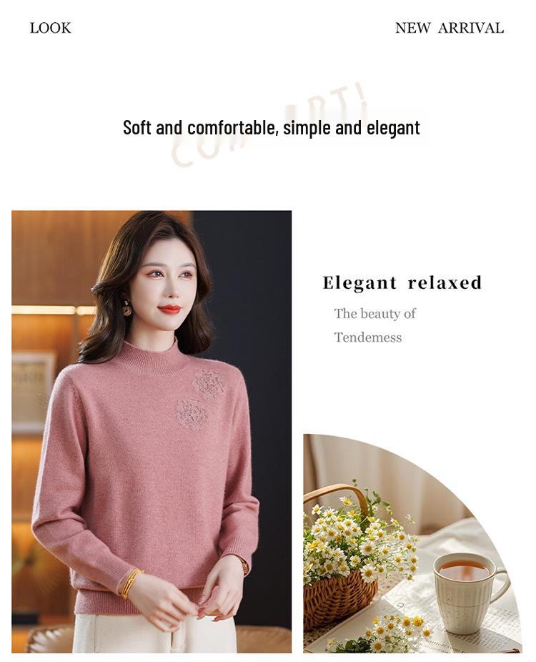 Women's Pure Wool Embroidered Sweater - Half-High Collar, Autumn/Winter, for Middle-Aged & Elderly, Warm Base Layer/Outerwear