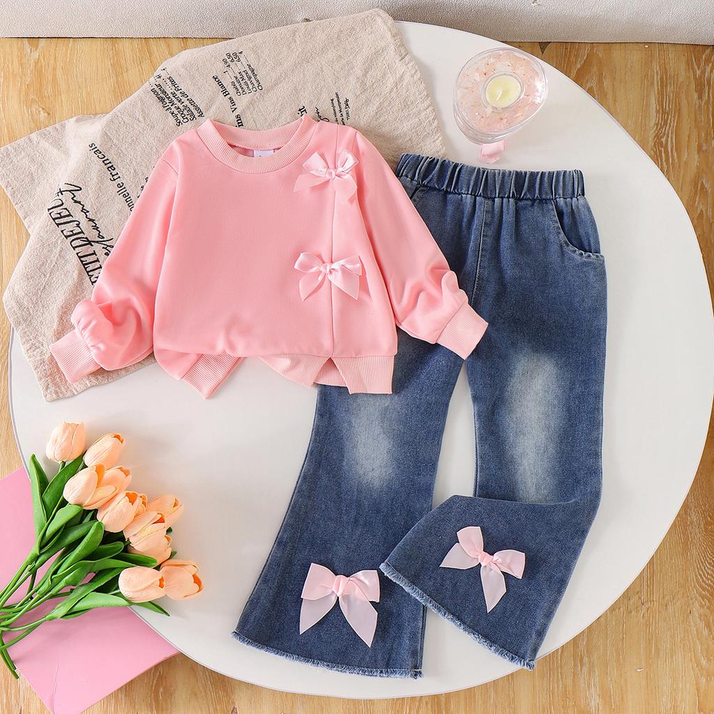 Autumn New Casual Children's Clothing Pink Bow Long Sleeve Sweatshirt Jeans Cute Fashion Girls