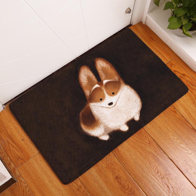 Home Living Room Bedroom Corridor Door Mat Rectangular Kawaii Rug Cartoon Cute Corgi Fox Pattern Non-slip Rug
