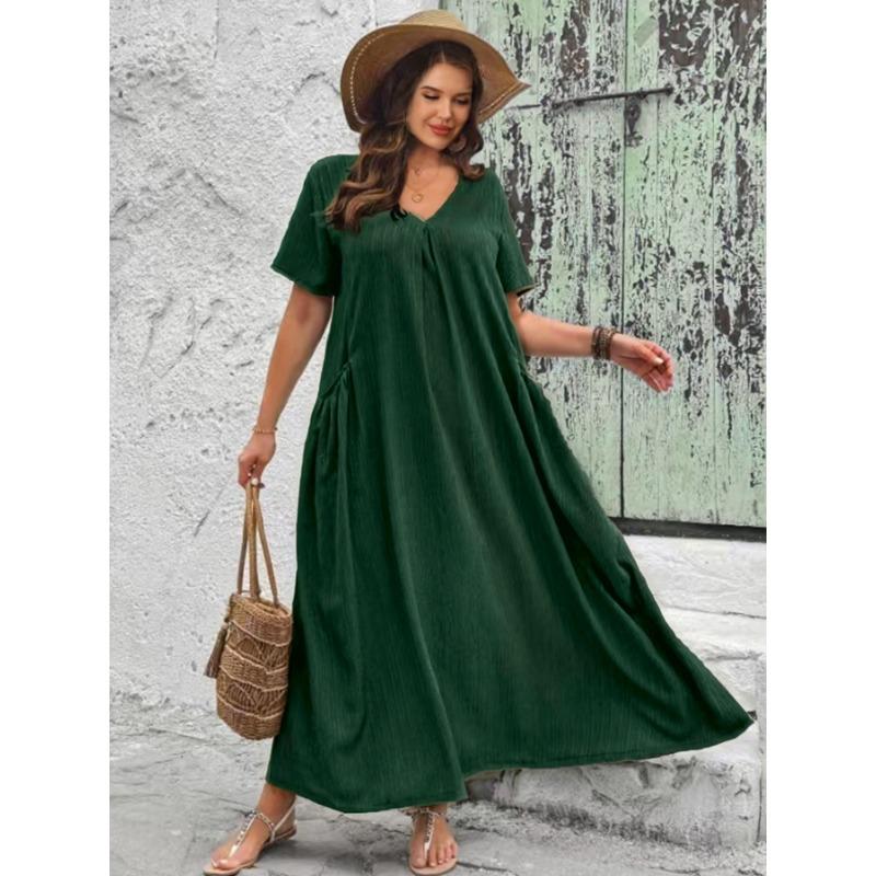 Plus Size Women V Neck Short Sleeve Loose A Line Long Dress With Pockets