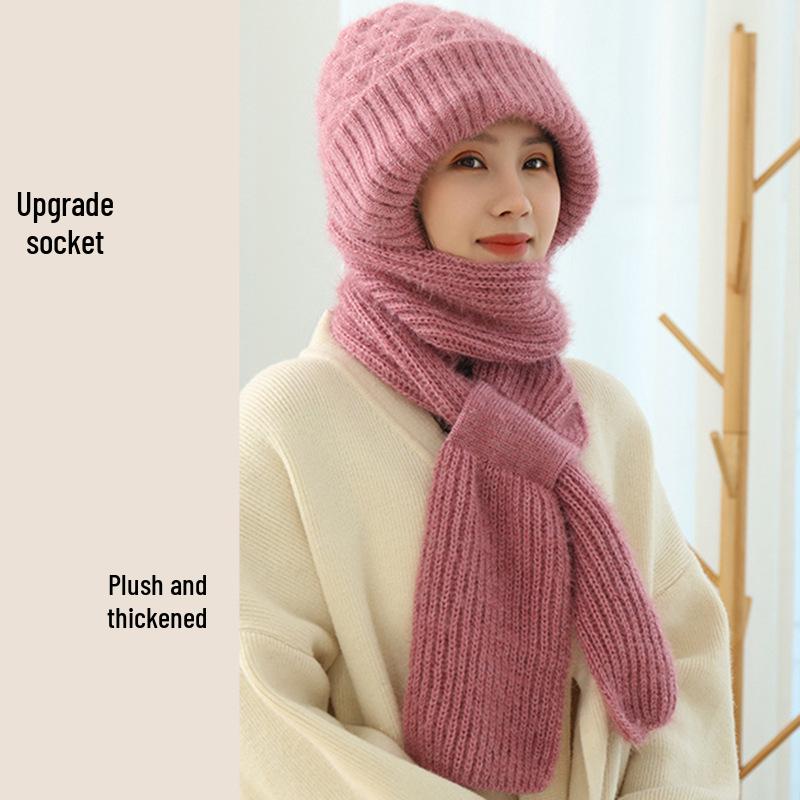 Women's Double-Layer Fleece-Lined Wool Knit Hat and Scarf 