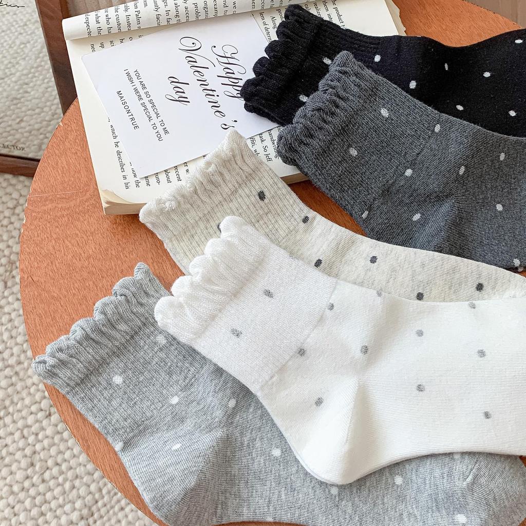 25 New Women's Mid-Calf Wood Ear Edge Polka Dot Lace Socks, Japanese Ballet Style Autumn Trend