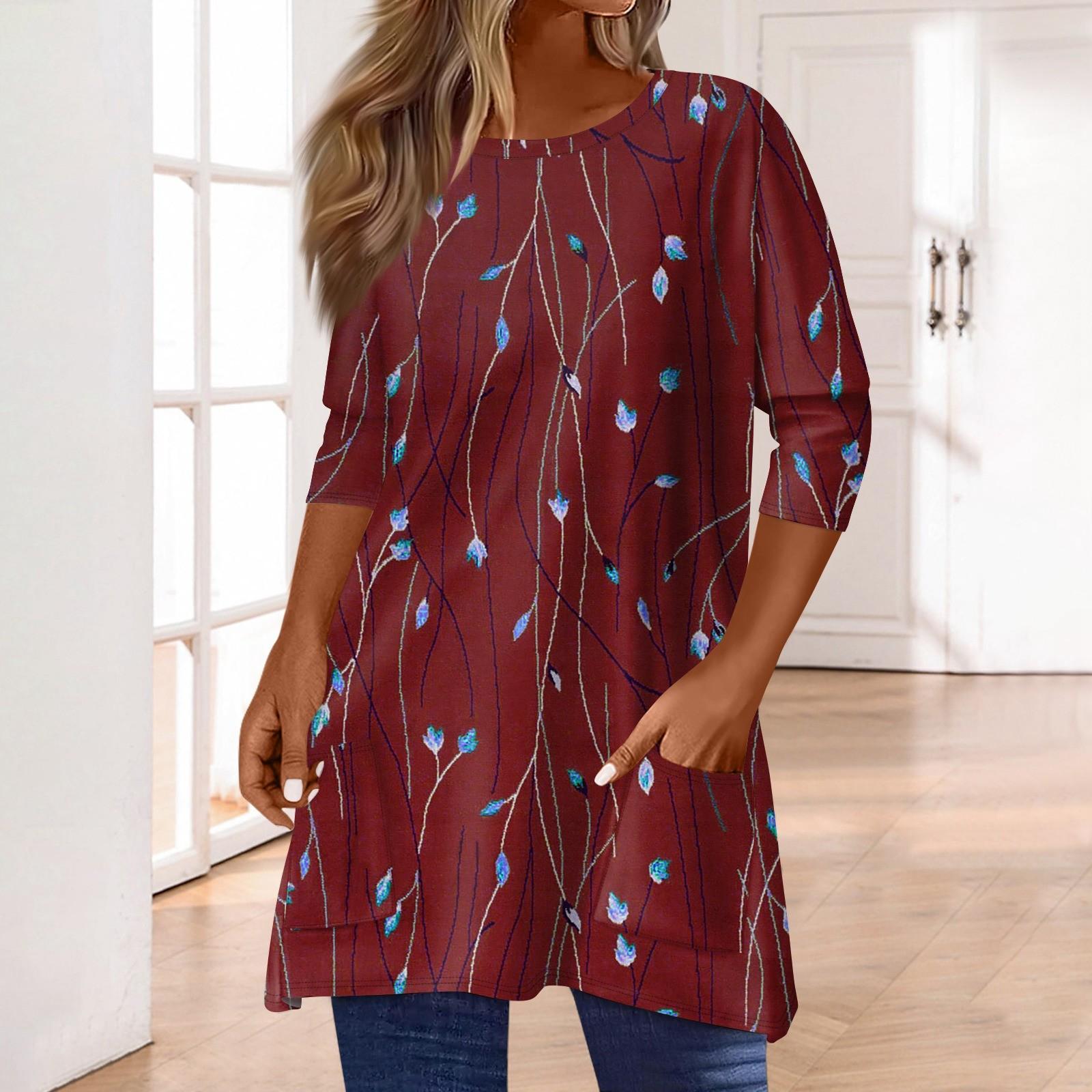 

Жіночі топи з кишенями з рукавом 3/4, футболка, повсякденний принт, топи середньої довжини, футболка, пуловер з круглим вирізом, блузка XL винний