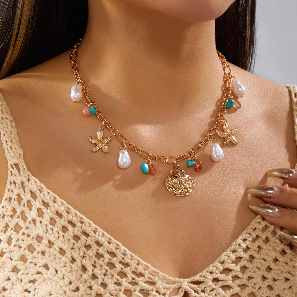 Collana con Ciondolo Multi-elemento Oceano per Donna Bohemia Conchiglia Stella Marina Perla Sintetica Collana Gioielli Estivi alla Moda Regali