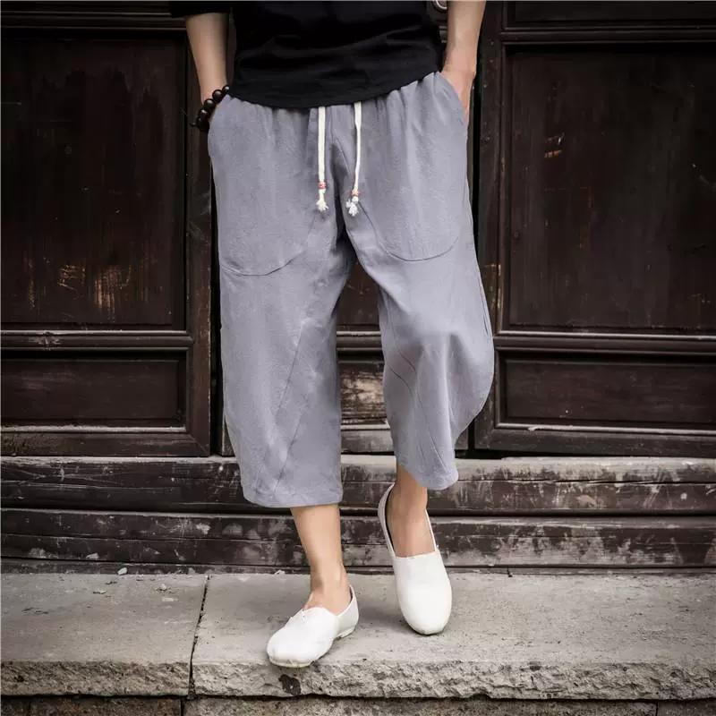 

Summer Beach Casual Shorts Men Japenese Wide Leg Baggy Capris Pants Male Sport Running Shorts 5XL сірий