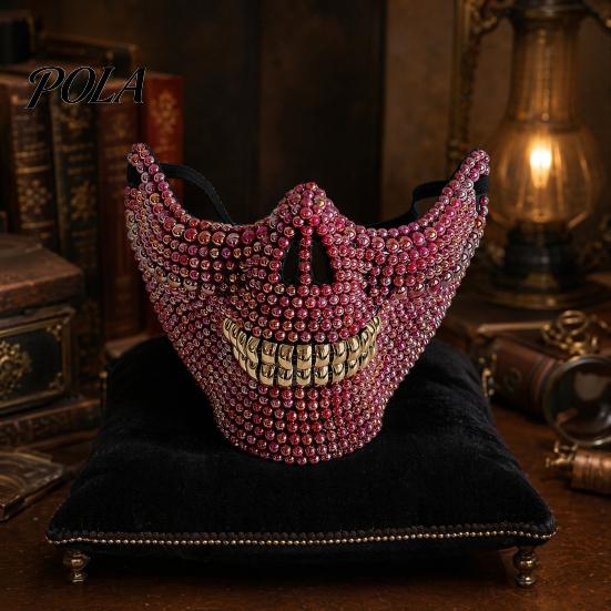Non-sweating Cosplay Mask Halloween Skull Half Face Mask, Rhinestone Punk Knight Masquerade Prop Wide Vision with Adjustable Straps, Lightweight