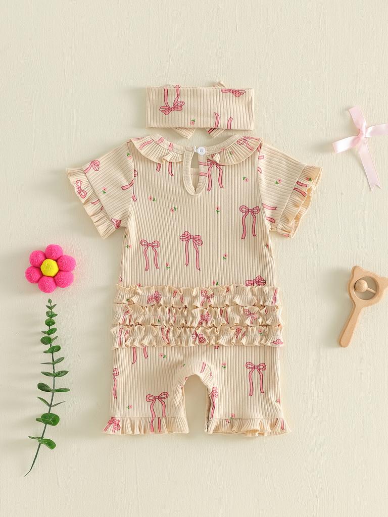 Toddler Girls Floral Print Sleeveless Romper with Ruffled Hem and Matching Headband Set for Summer Outfits