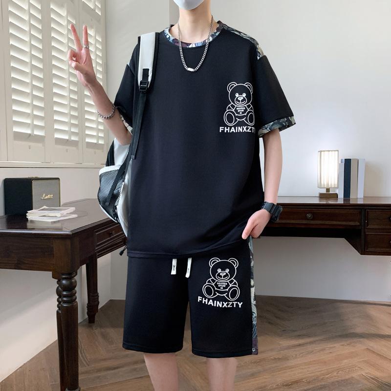 Men's Casual Loose Ice Silk Round Neck Short-sleeved T-shirt Shorts Two-piece Set