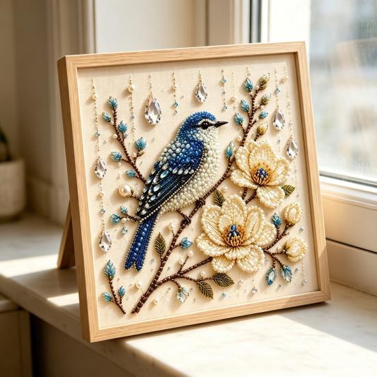 Hummingbird Bead Embroidery Kit, DIY Pearl Art Painting, with Crystal Beads Floral Designs Craft, for Adults Beginners