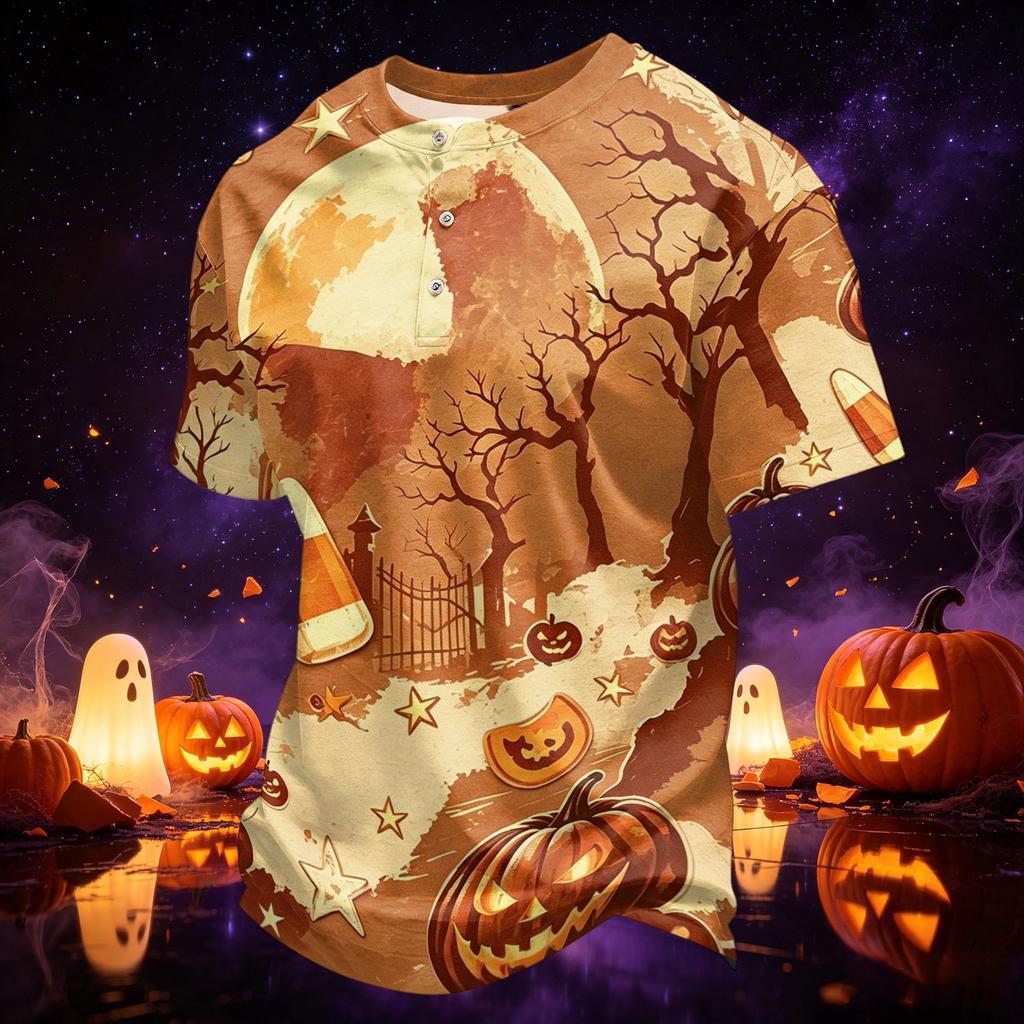 Men's Quick-Dry Neck Short Sleeve T-Shirt with Halloween Print