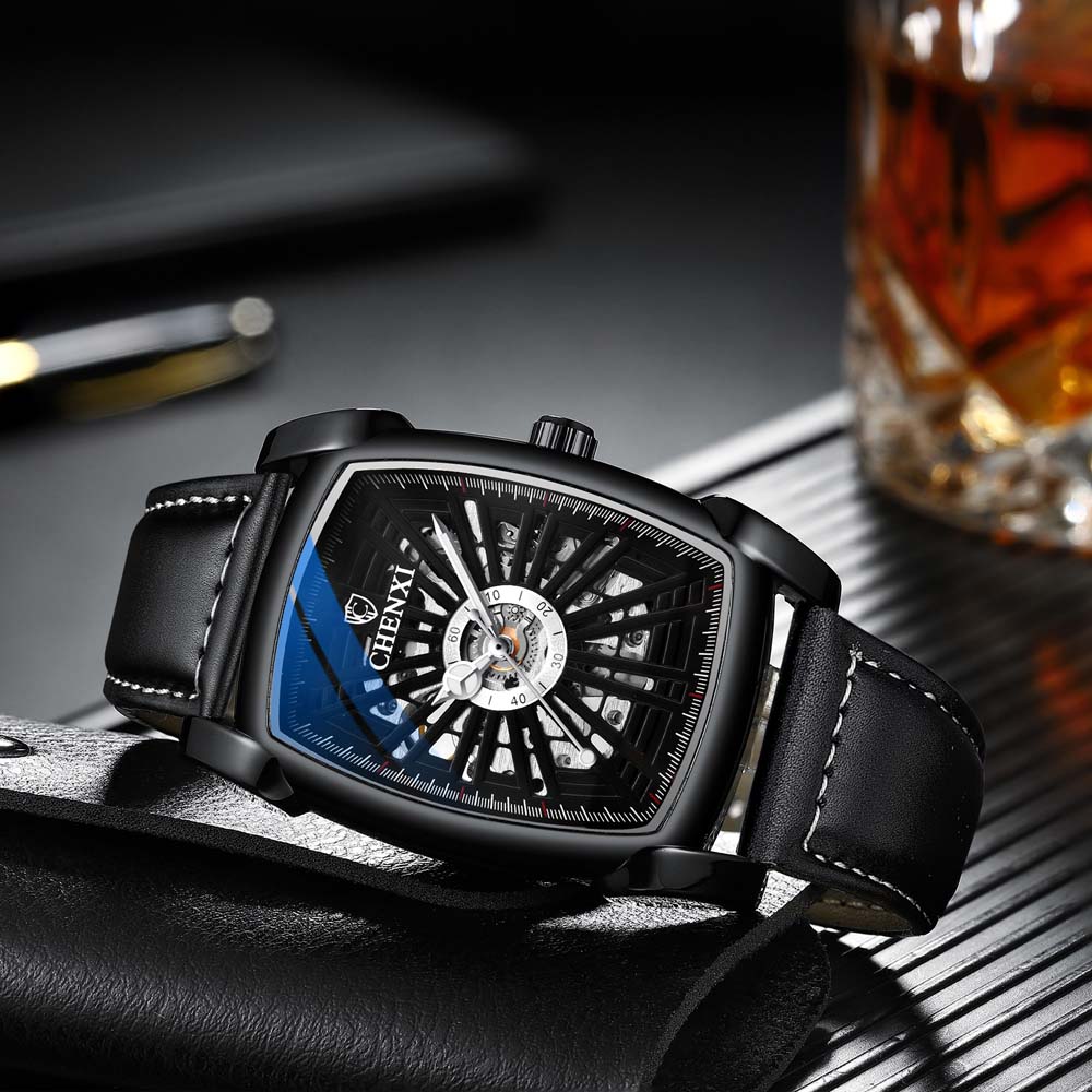 CHENXI Automatic Mechanical Watch for Men Tonneau Shape Skeleton Dial Waterproof Square Wristwatch relojes para hombres